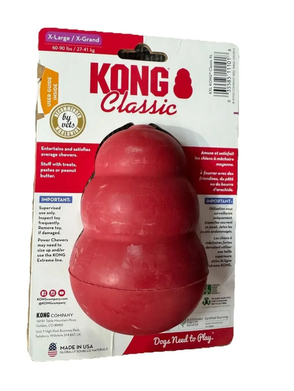 (RGB4) KONG Classic XL Dog Toy Durable Natural Rubber Chew Treat Dispenser USA